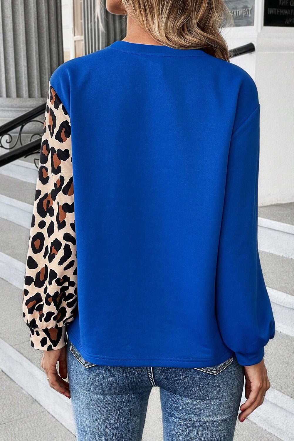 Leopard Print Colourblock Long Sleeve Top | Dark Blue