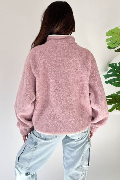 Stand Neck Half Button Zip Pocket Plush Sweatshirt | Fushia