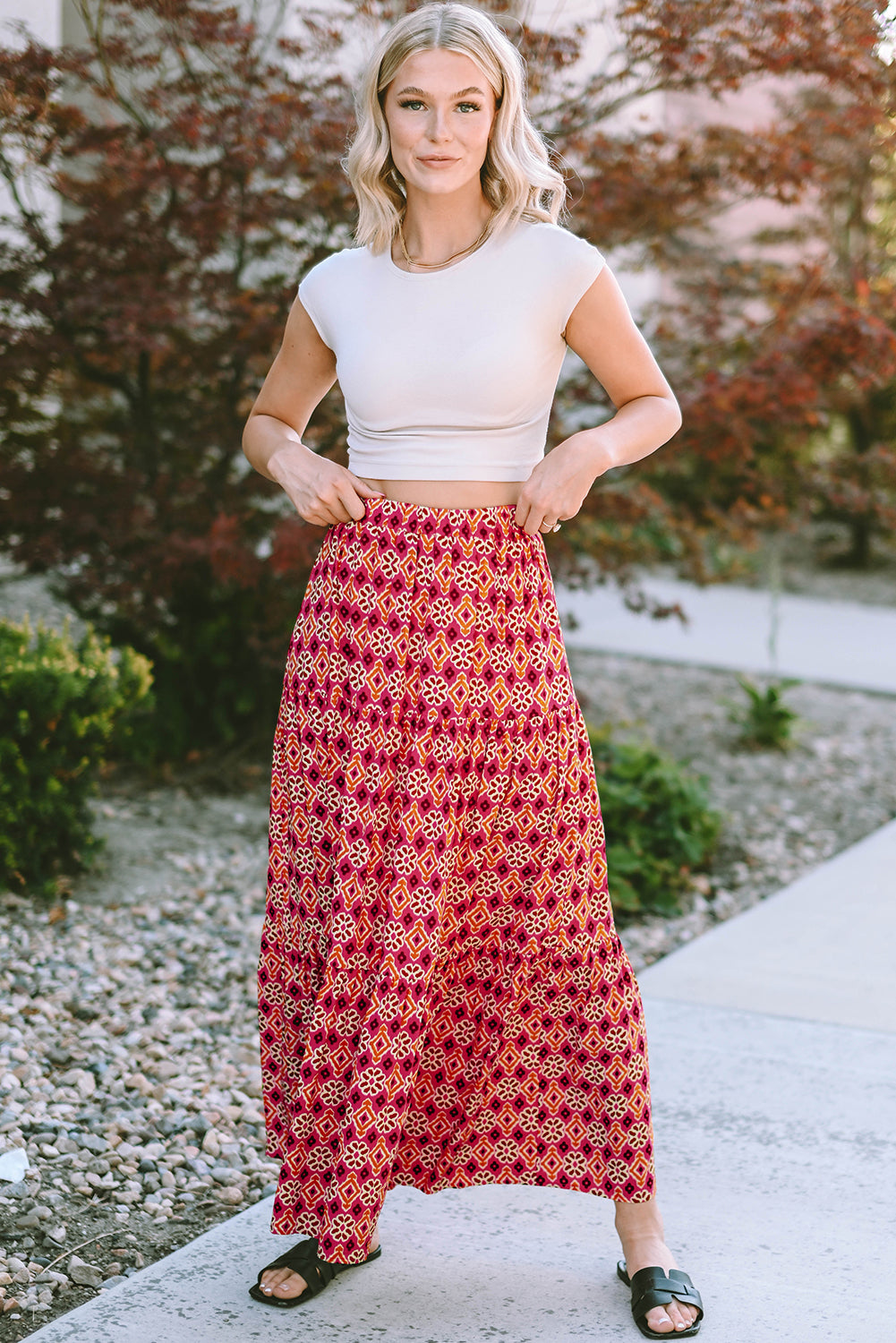 Vintage Boho Floral Print Tiered Maxi Skirt | Rose