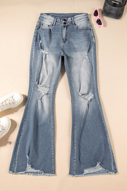 Vintage Light Wash Ripped Raw Edge Flare Jeans | Dusk Blue