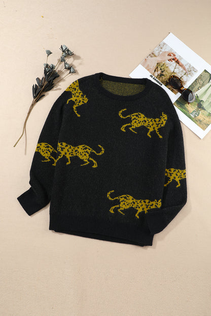 Cheetah Pattern Knit Round Neck Sweater | Black