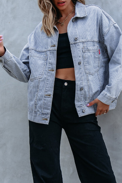 Washed Oversize Pocketed Denim Jacket | Sky Blue Stripe