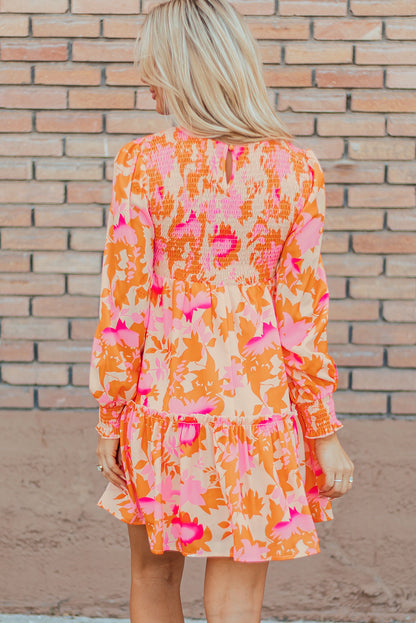 Abstract Print Smocked Lantern Sleeve Ruffle Mini Dress | Orange