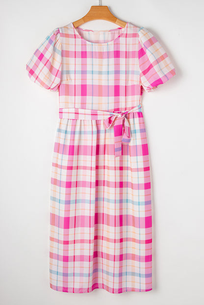 Checkered Puff Sleeve Belted Midi Dress | Pink