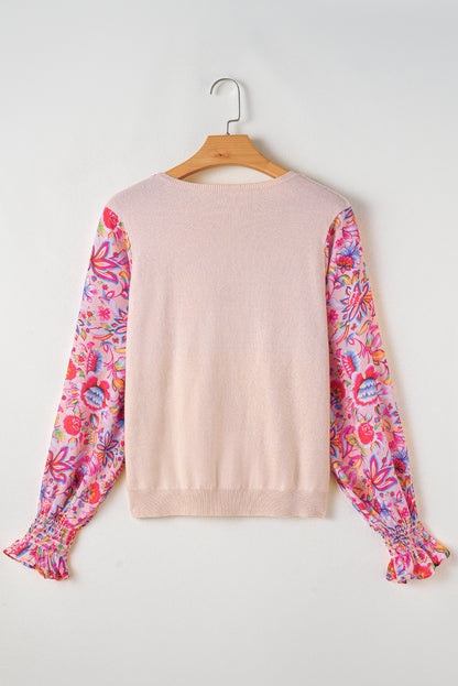 Floral Printed Patchwork Smocked Lantern Sleeve Knit Top | Oatmeal