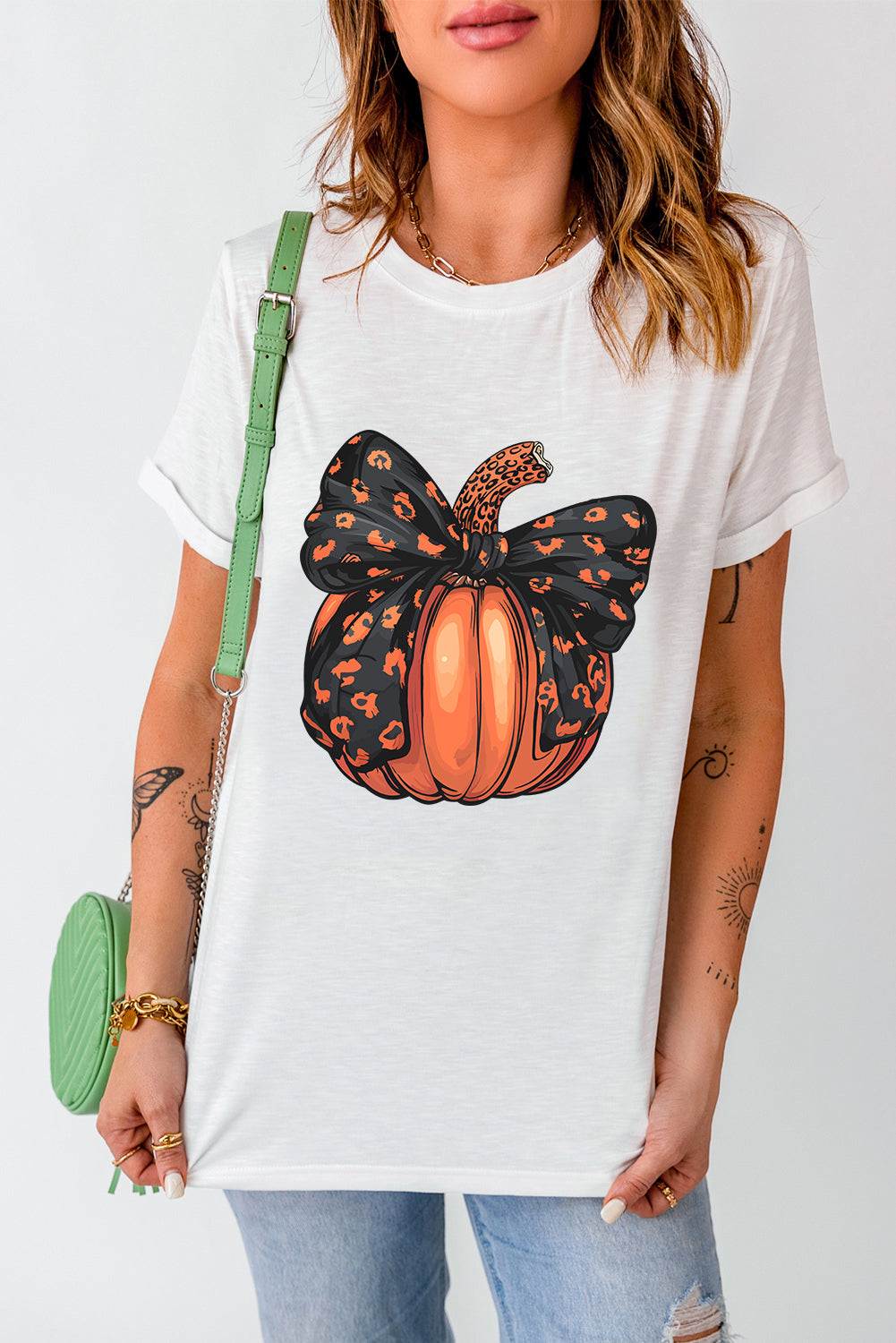 Halloween Bowknot Pumpkin Graphic Crewneck T Shirt | White