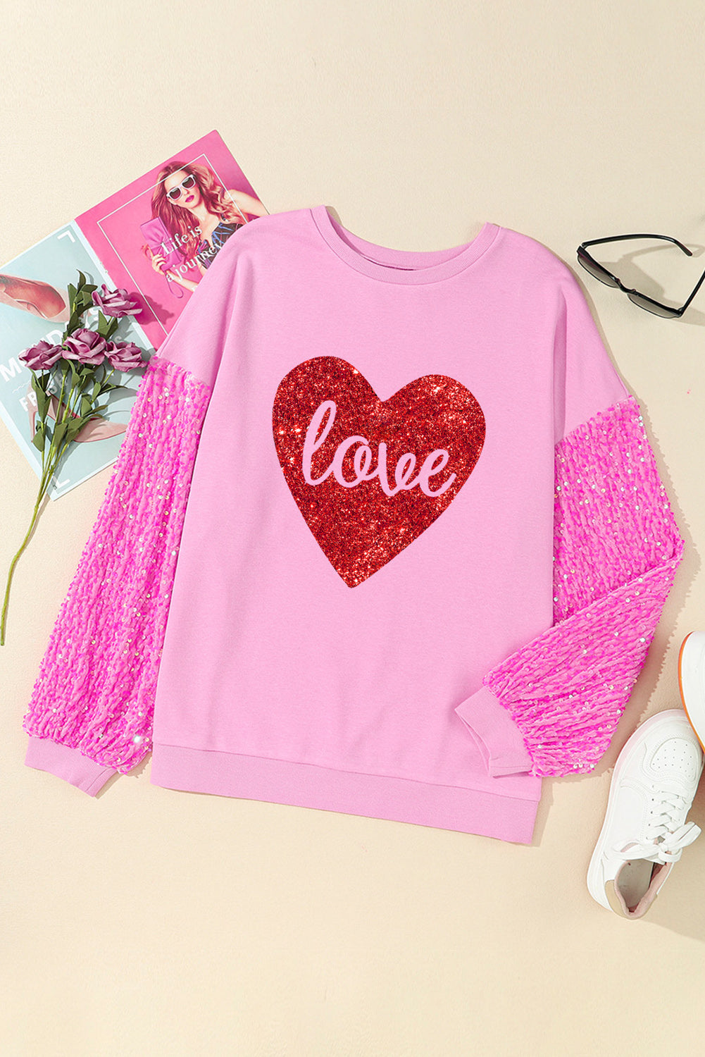 Shiny Heart Shape Love Print Sequined Sleeve Sweatshirt | Pink