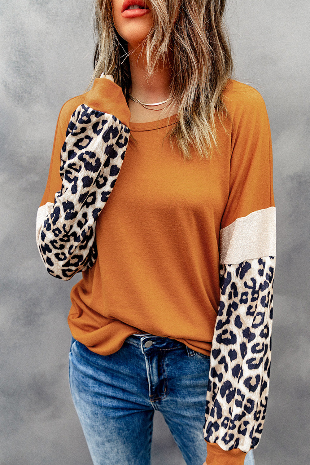 Leopard Sequin Patchwork Long Sleeve Top | Brown