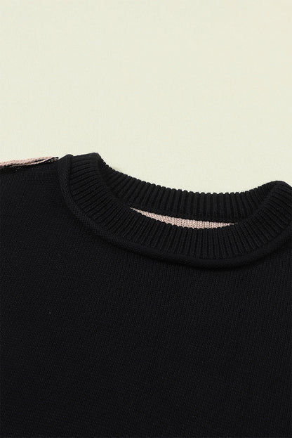 Colourblock Bishop Sleeve Ribbed Trim Sweater | Black