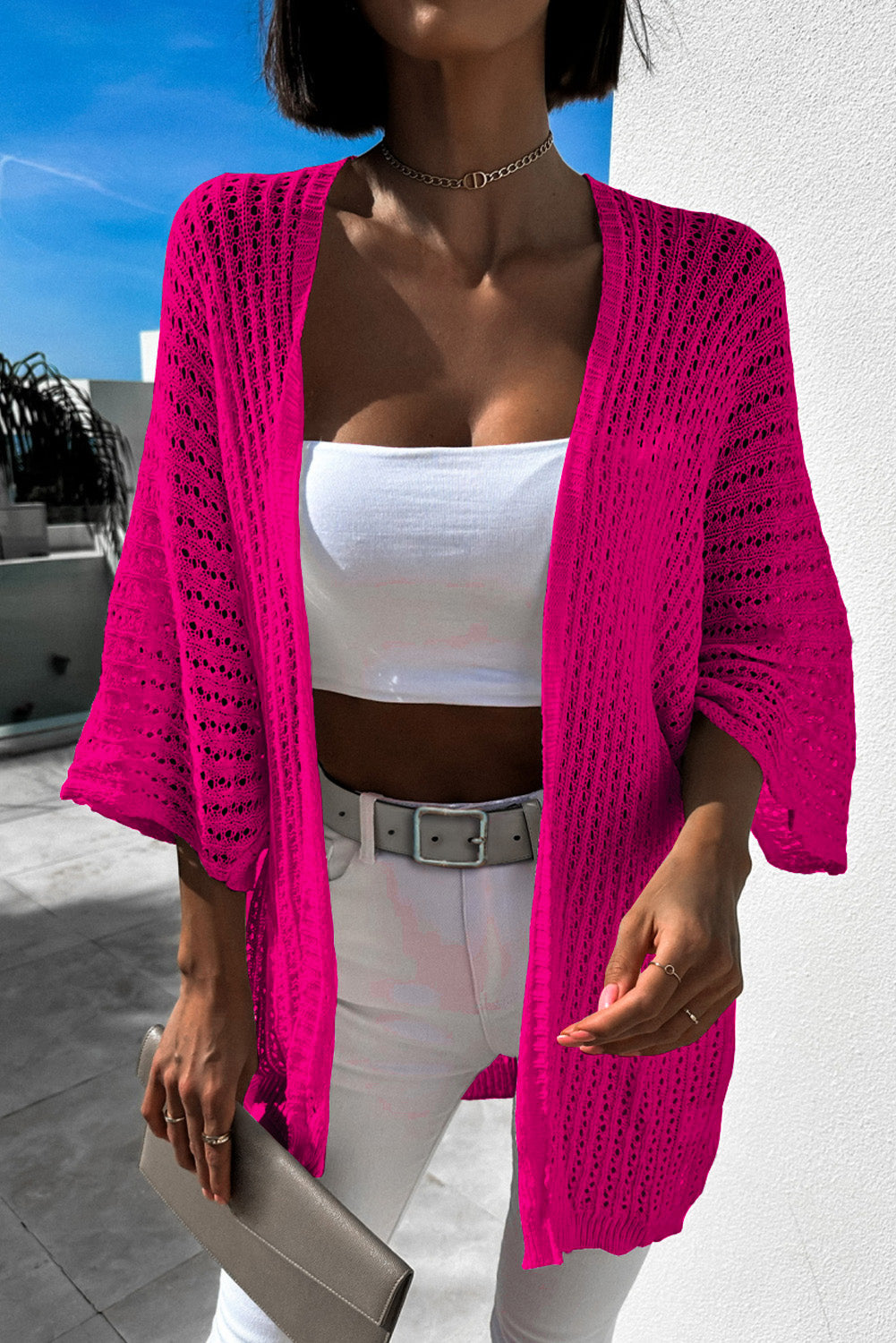 Hollow-Out Bracelet Sleeve Knit Cardigan | Rose