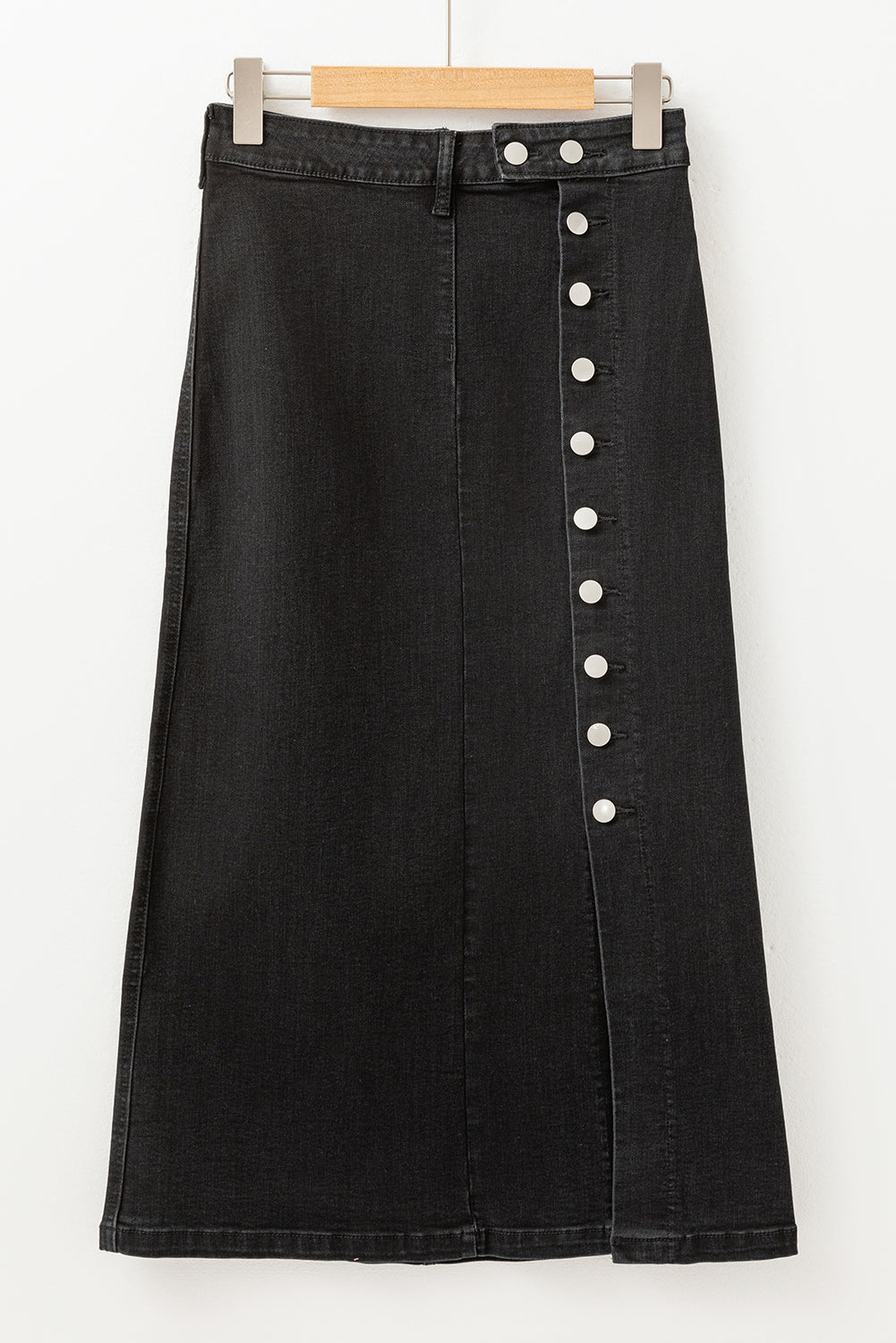 Button Fly Side Split High Waist Denim Midi Skirt | Black