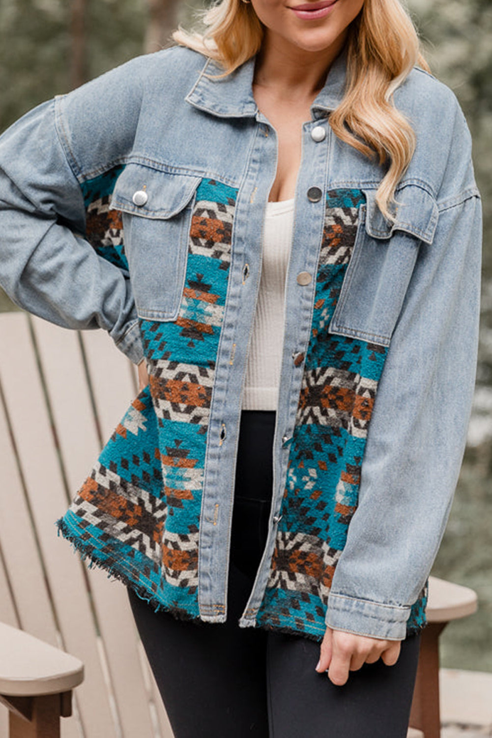 Aztec Printed Denim Jacket | Blue