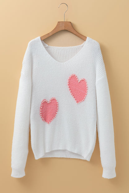 Pearl Beaded Heart Pattern Fuzzy V Neck Sweater | White