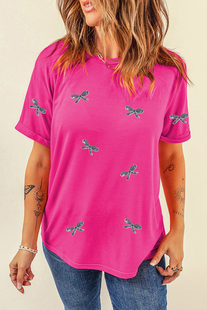 Casual Bowknot Printed T Shirt | Rose Red