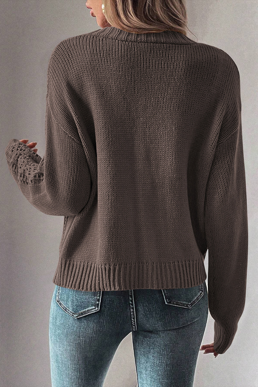 Open Knit Drop Shoulder Sweater Cardigan | Dark Khaki