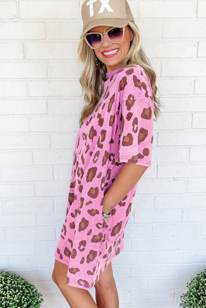 Leopard Mineral Wash Side Pocket Shift Mini Dress | Pink