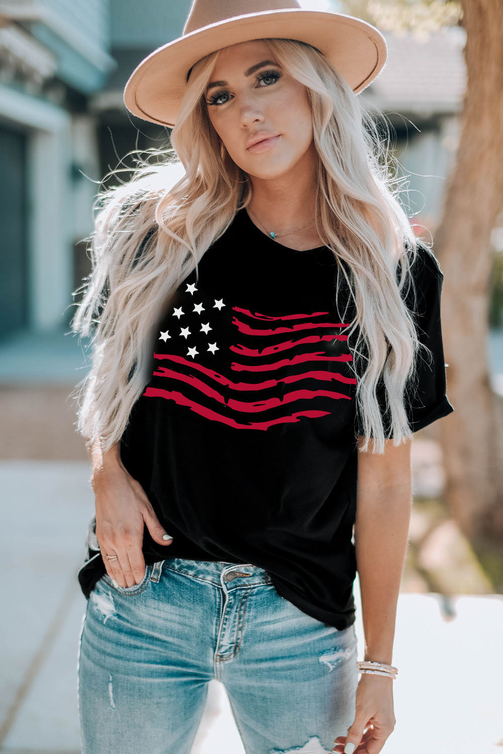 American Flag Graphic Crew Neck T Shirt | Black