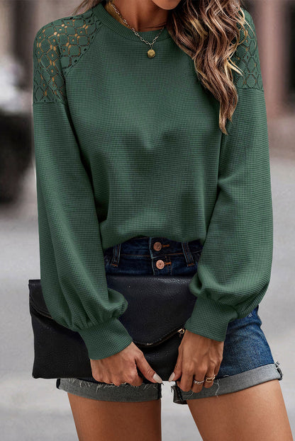 Green Lace Long Sleeve Textured Pullover | Blackish Green