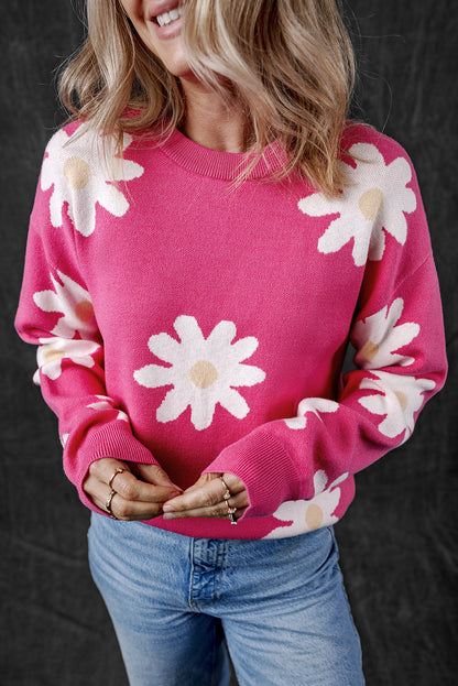 Daisy Flower Crew Neck Long Sleeve Sweater | Bright Pink