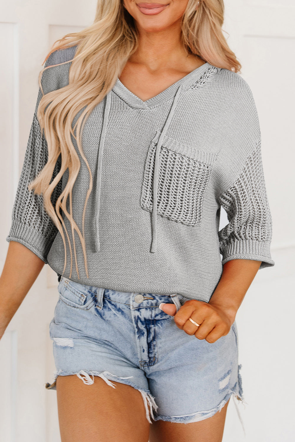 Openwork Drawstring Hooded Short Sleeve Sweater Top | Light Grey