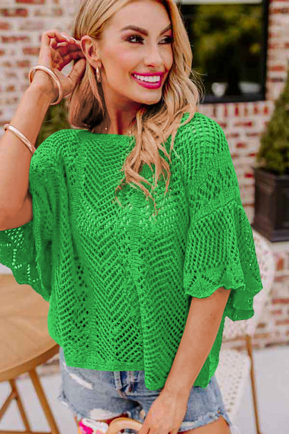 Pointelle Knit Scallop Edge Short Sleeve Top | Green