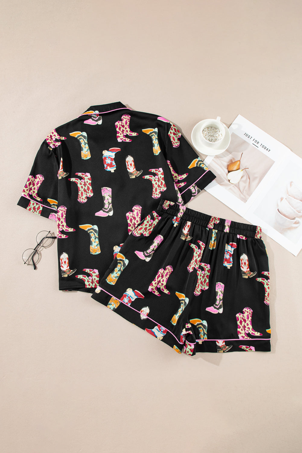 Western Boots Printed Short Pajama Set | Black