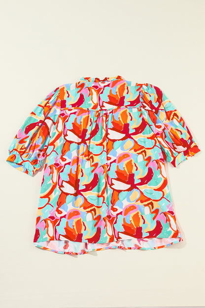 Abstract Print Drawstring V Neck Half Sleeve Blouse | Rose Red