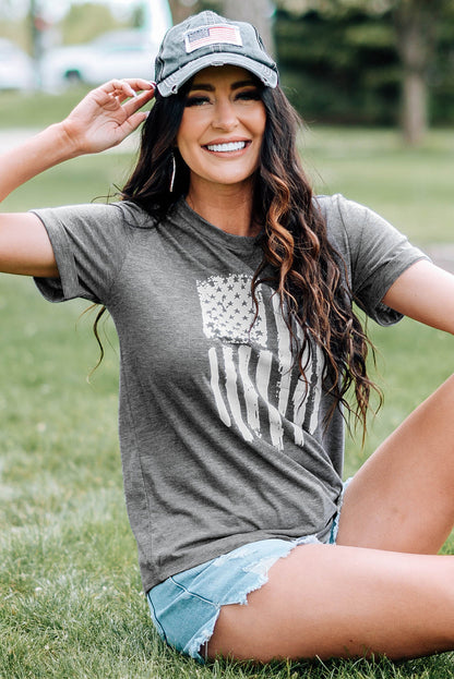 America Flag Print Crewneck T-Shirt | Gray