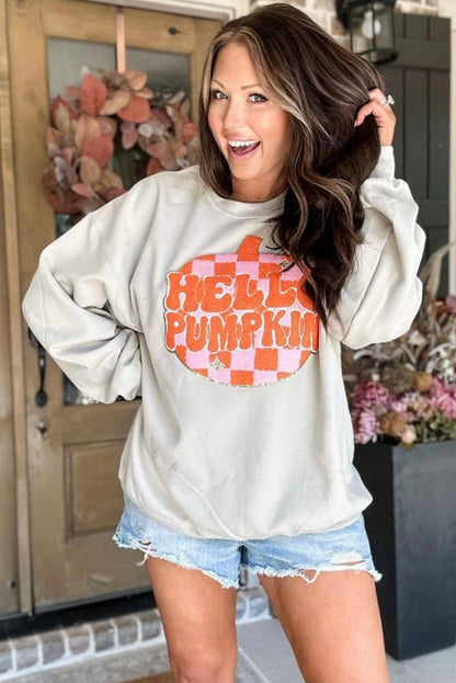 Terry Halloween Pumpkin Patched Pattern Pullover Sweatshirt | White