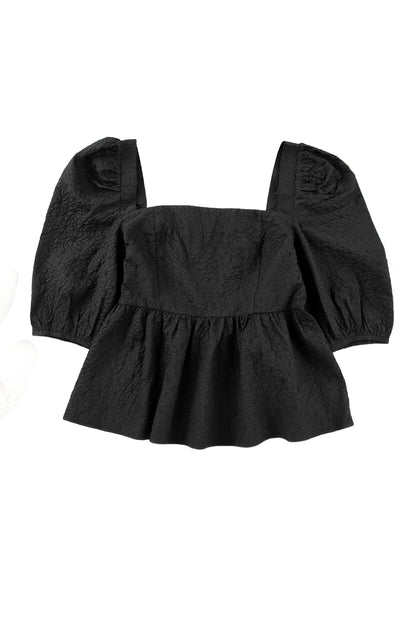 Textured Square Neck Puff Sleeve Peplum Blouse | Black