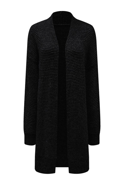 Plaid Knitted Long Open Front Cardigan | Black