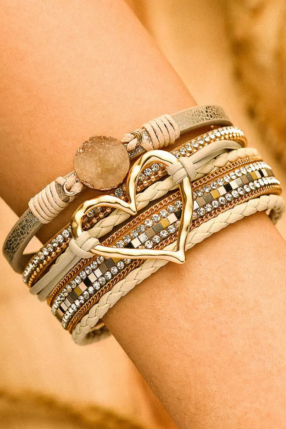 Bohemian Heart Rhinestone Magnetic Buckle Bracelet | Beige