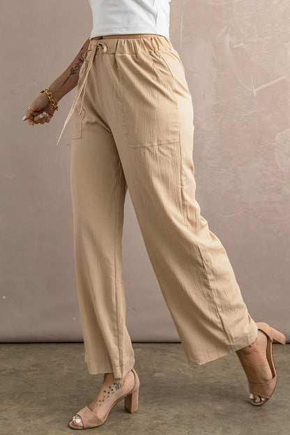 Drawstring Waist Crinkled Wide Leg Pants | Khaki