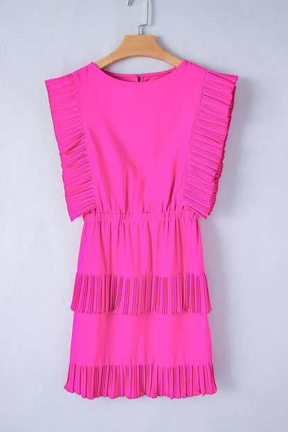 Solid Colour Pleated Layered Flutter Mini Dress | Bright Pink