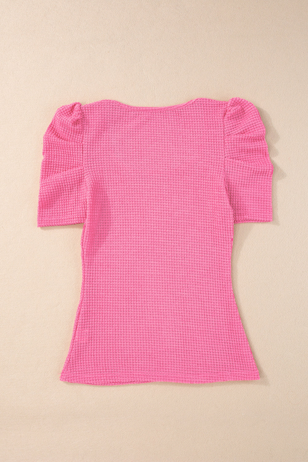 Waffle Knit Ruched Puff Sleeve Top | Bright Pink