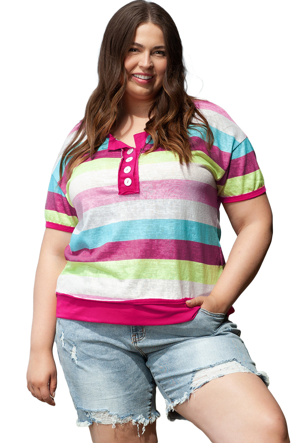 Plus Size Textured Knit Short Sleeve Henley Top | Rose Stripe