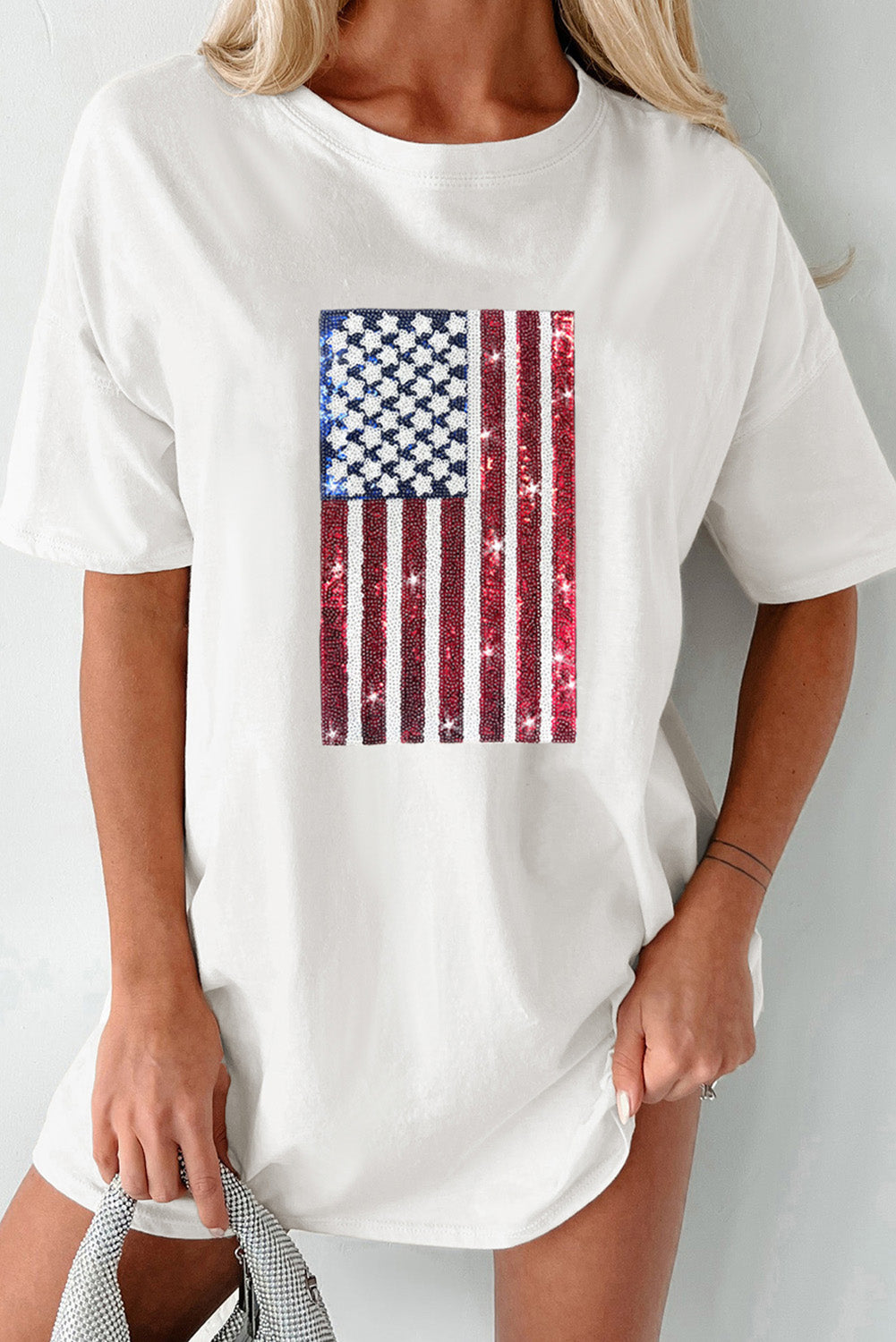 Sequined American Flag Crewneck Oversized Tee | White