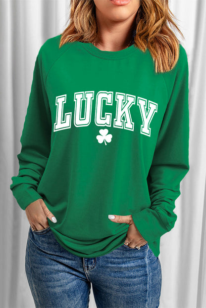 St. Patricks Lucky Clover Print Raglan Sleeve Sweatshirt | Green