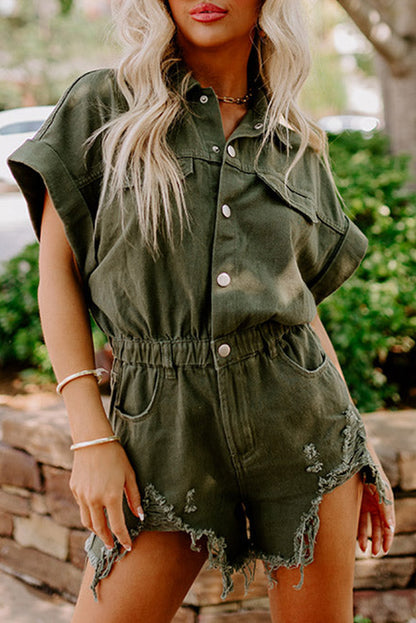 Moss Green Distressed Frayed Denim Romper