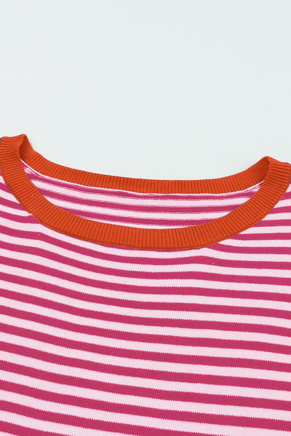 Contrast Trimmed Striped Drop Shoulder Sweater | Pink