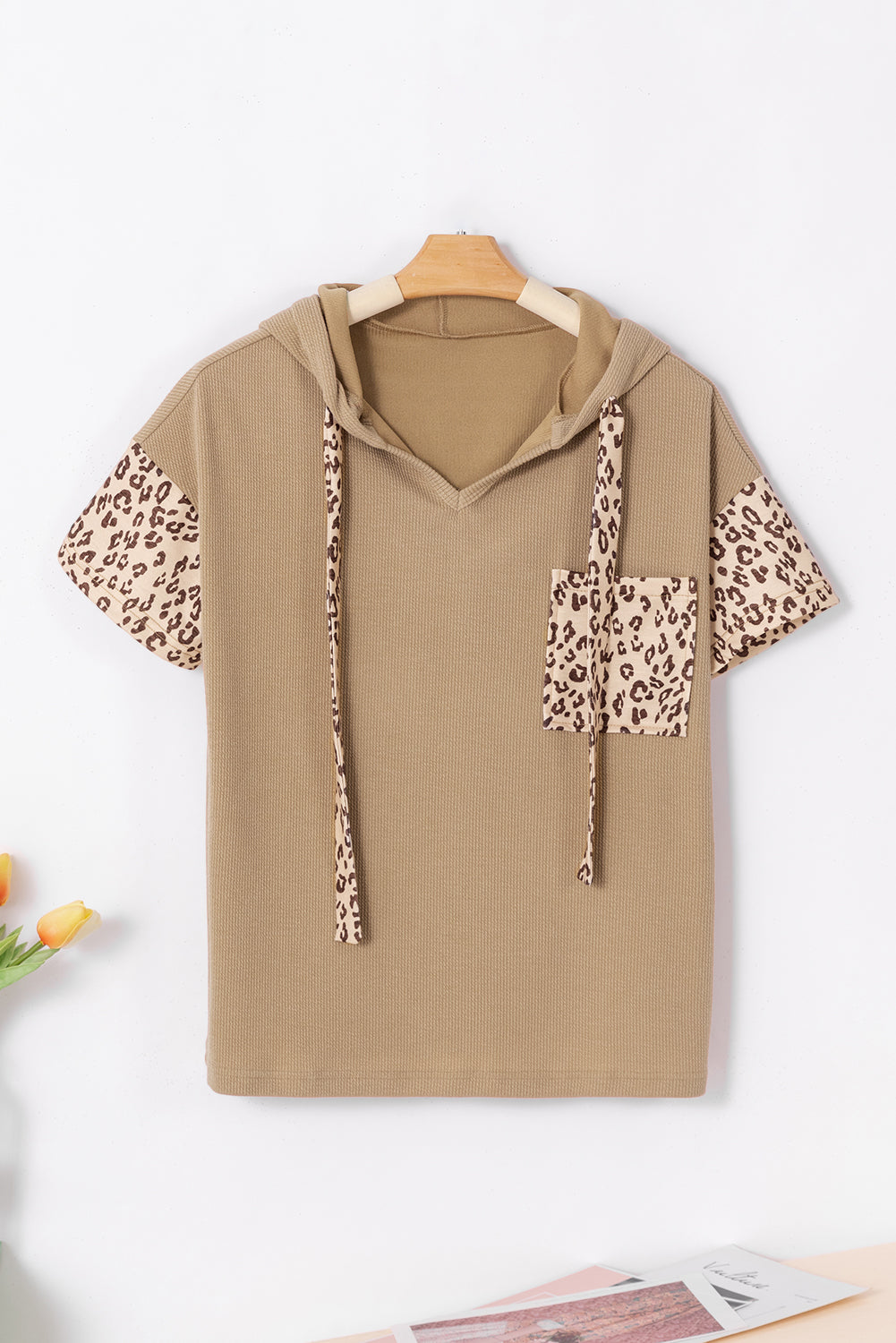 Leopard Patchwork Drawstring Hooded T Shirt | Khaki