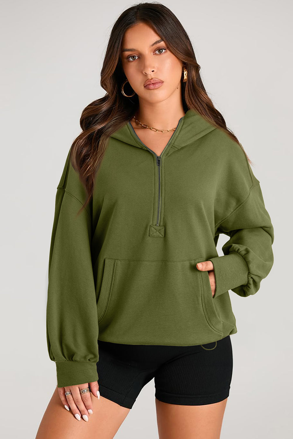 Solid Kangaroo Pocket Half Zipper Oversized Hoodie | Moss Green