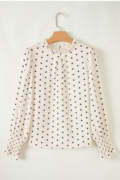 Polka Dot Print Frilled Collar Lantern Sleeve Blouse | Apricot