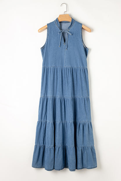 Sleeveless Tiered Chambray Maxi Dress | Blue