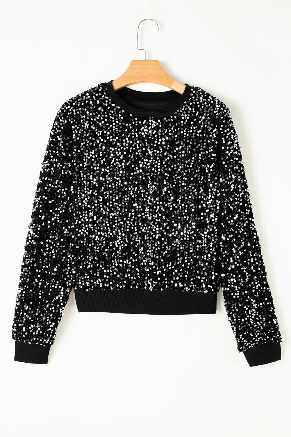 Sequined Long Sleeve Crew Neck Cropped Blouse | Black