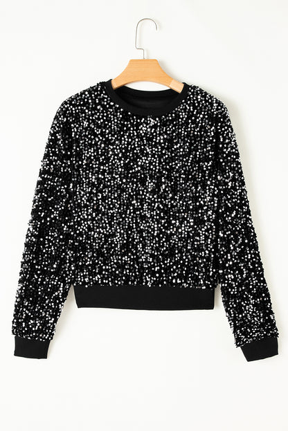 Sequined Long Sleeve Crew Neck Cropped Blouse | Black