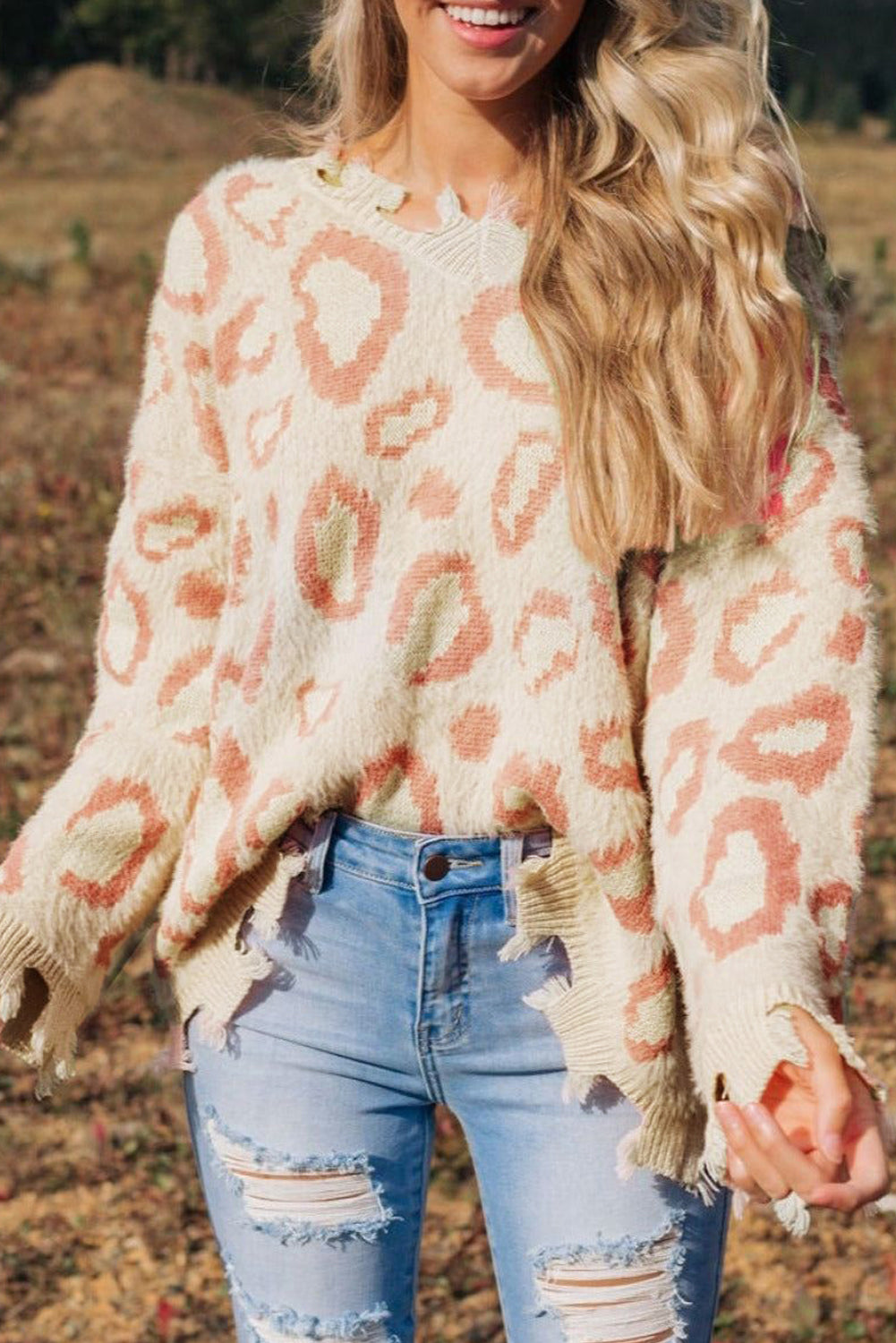 Animal Print Distressed Trim Fuzzy Sweater | Leopard