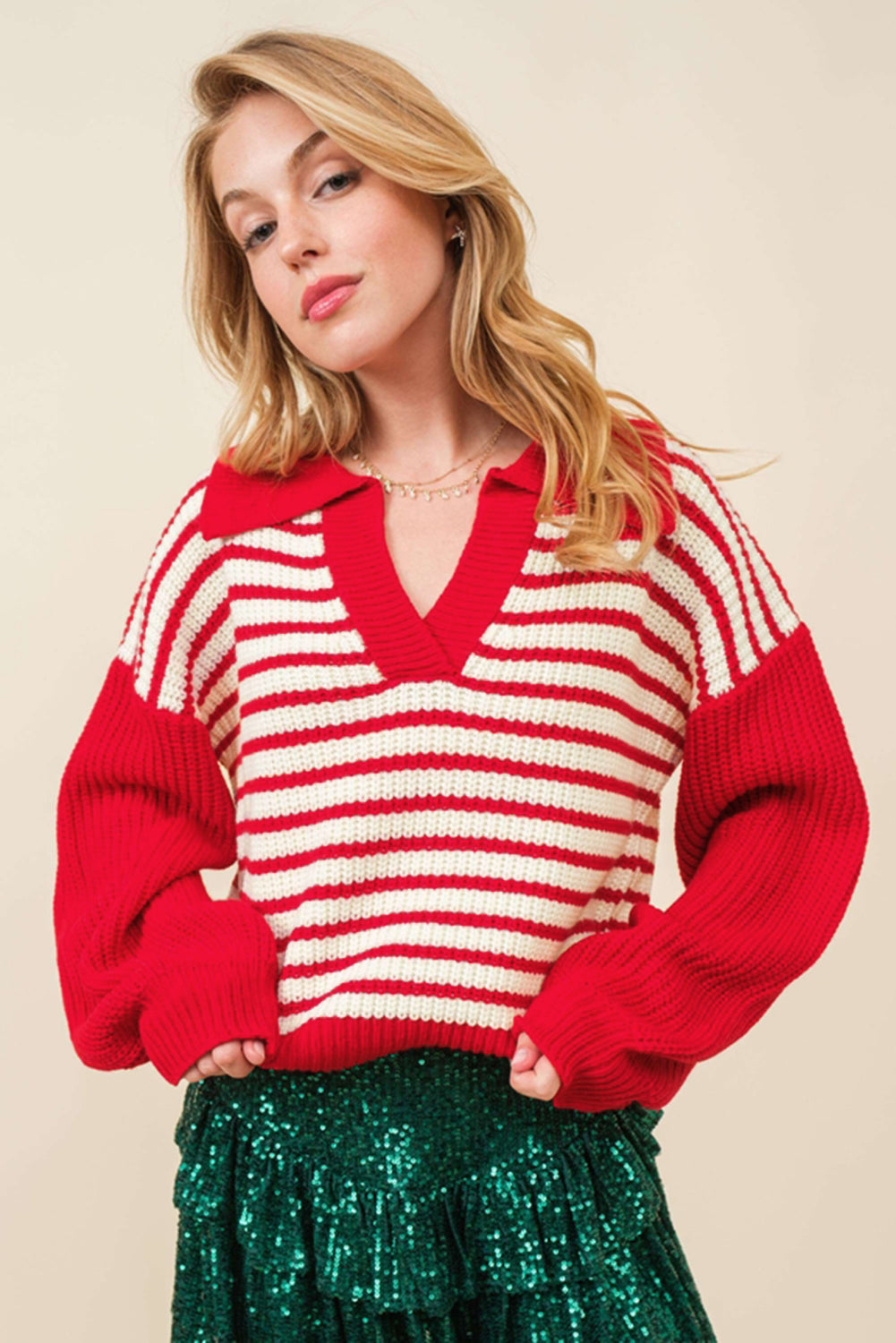 Lantern Sleeve V Neck Collared Drop Shoulder Sweater | Red Stripe