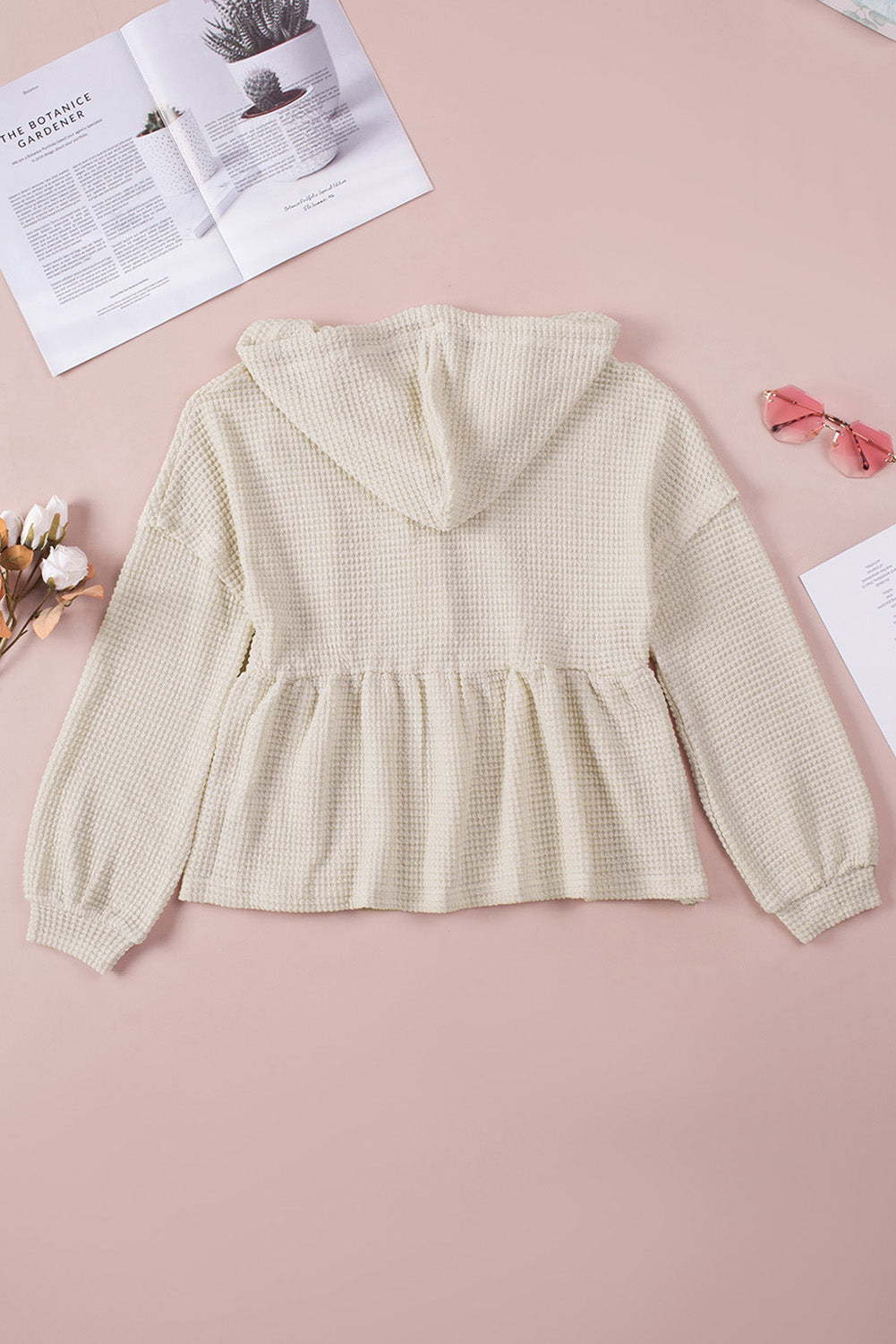 Waffle Knit Buttons Ruffled Hooded Top | Apricot