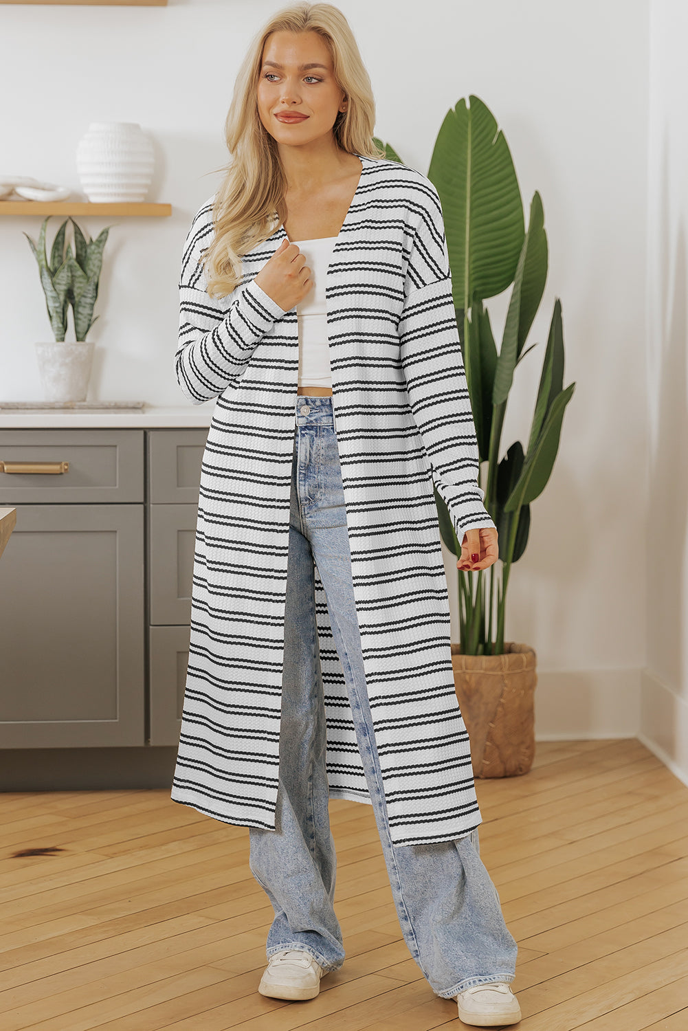 Print Open Front Duster Cardigan | Black Stripe